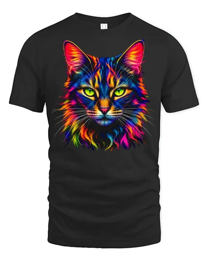 Psychedelic Neon Cat Graphic Tshirt Comfy Cotton Tee - black t-shirt on white background