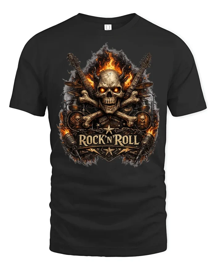 Rock N Roll Flaming Skull Graphic Tshirt Comfy Cotton Tee - black t-shirt on white background