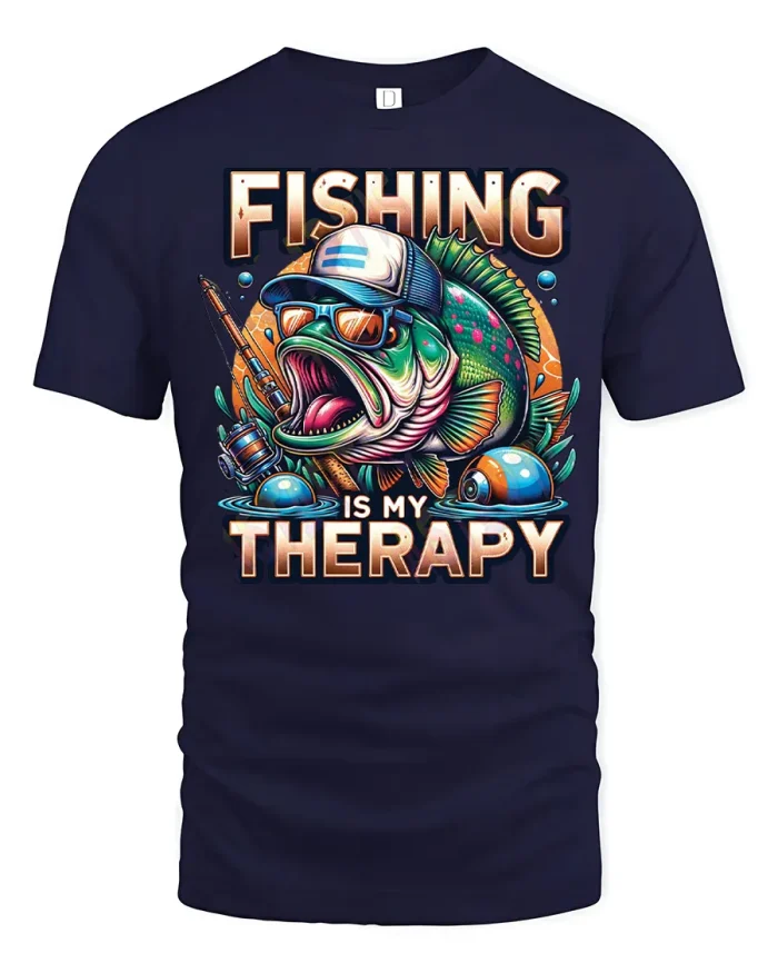 Fishing Is My Therapy Graphic T Shirt Funny Angler Gift Tee - navy t-shirt on white background