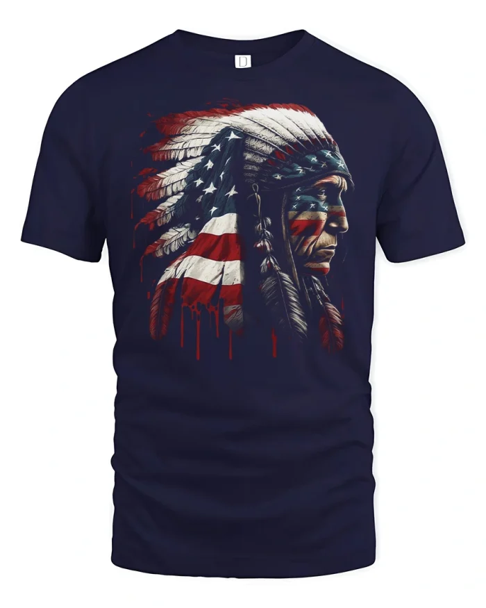 American Flag Native Warrior Graphic T Shirt Patriotic Pride Tee - navy t-shirt on white background