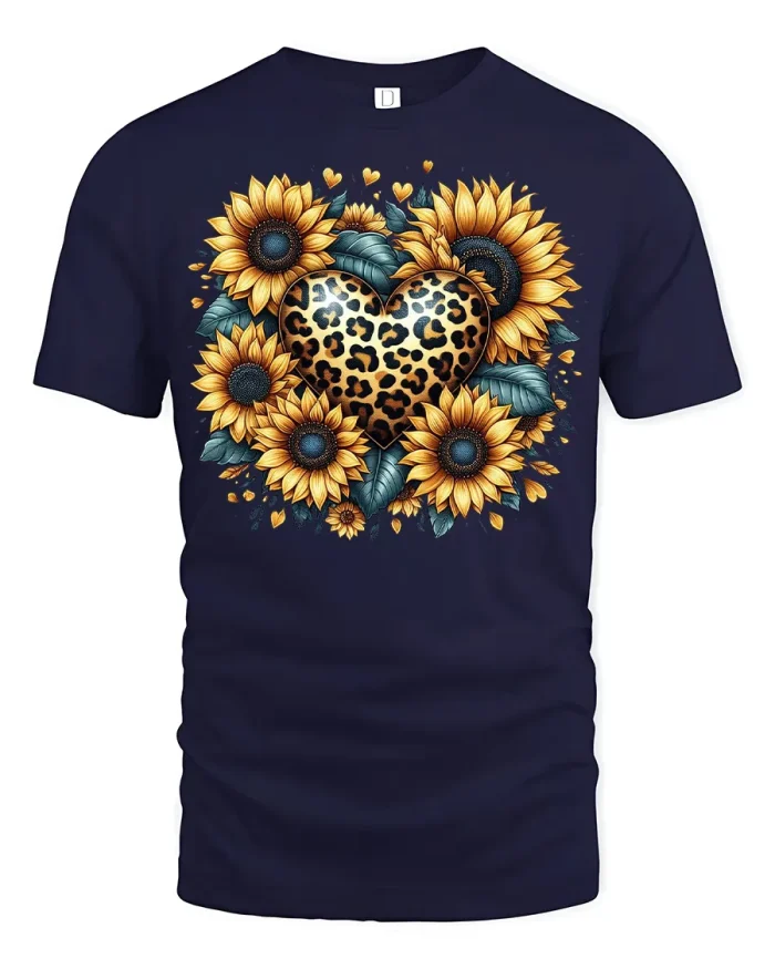 Sunflower Leopard Heart Graphic T Shirt Cute Floral Boho Tee - navy t-shirt on white background