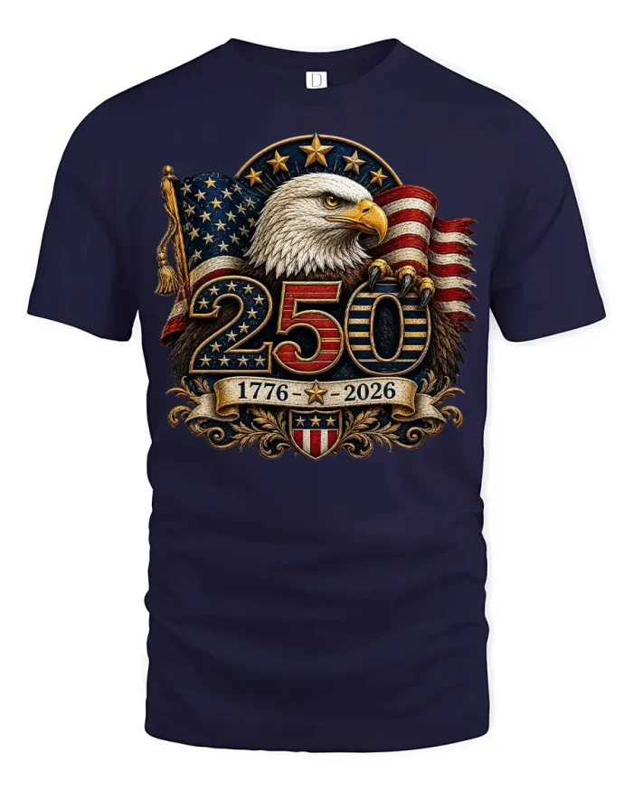 America 250 Years Patriotic Eagle Graphic T Shirt 1776 To 2026 - navy t-shirt on white background