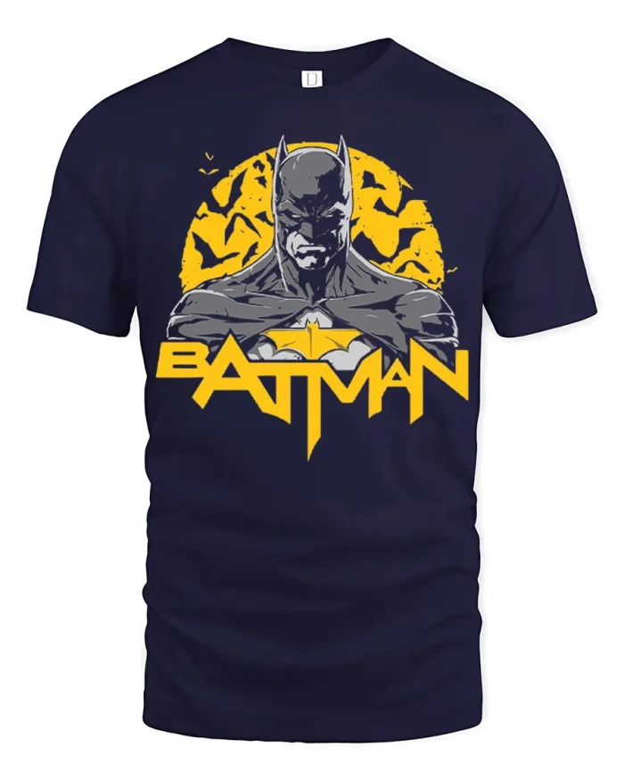 Dark Vigilante Hero Graphic Tee Vintage Comic Style Shirt - navy t-shirt on white background