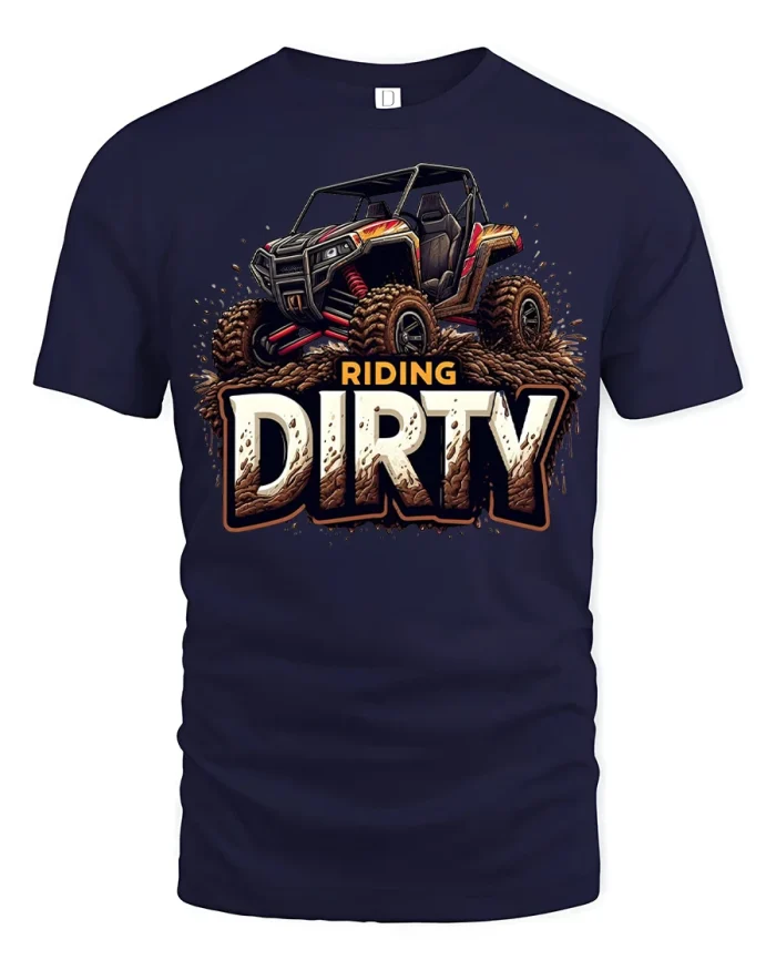 Riding Dirty Off Road UTV Graphic Tee Mud Adventure Style Shirt - navy t-shirt on white background