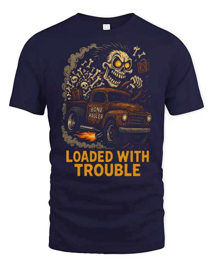Loaded With Trouble Skeleton Truck Graphic Tee Vintage Hot Rod Style - navy t-shirt on white background