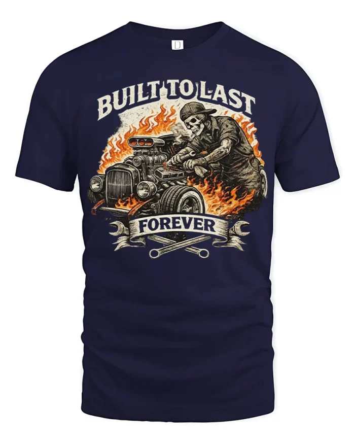 Built To Last Forever Hot Rod Mechanic Skull Graphic Tee Shirt - navy t-shirt on white background