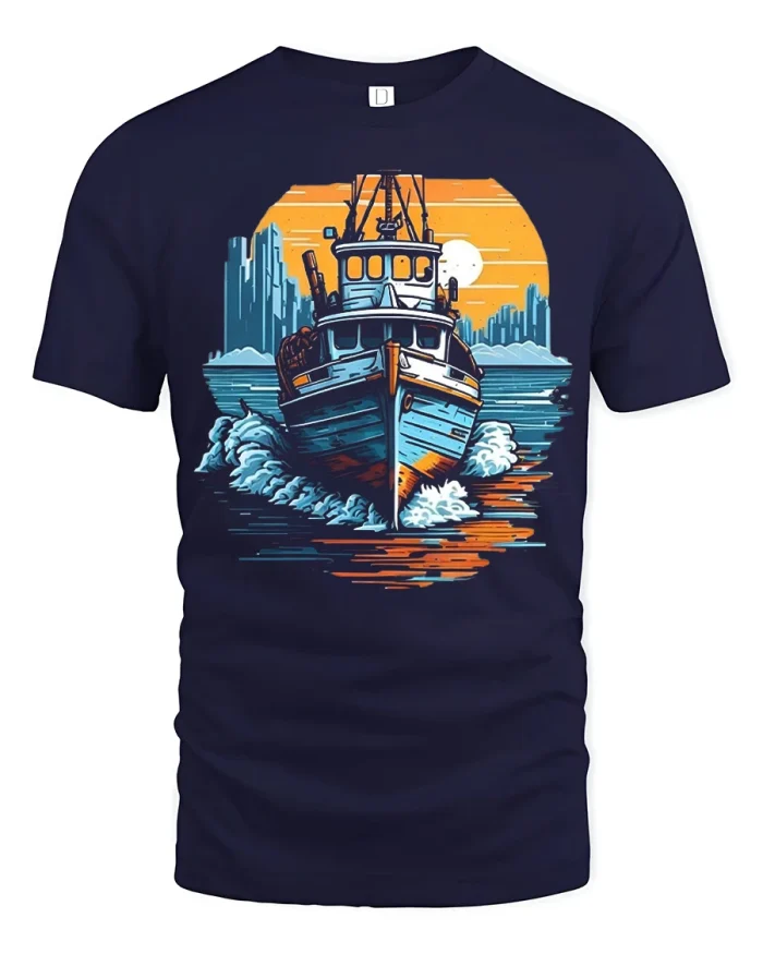 Vintage Fishing Boat Ocean Sunset Graphic Tee Coastal Adventure Tshirt - navy t-shirt on white background
