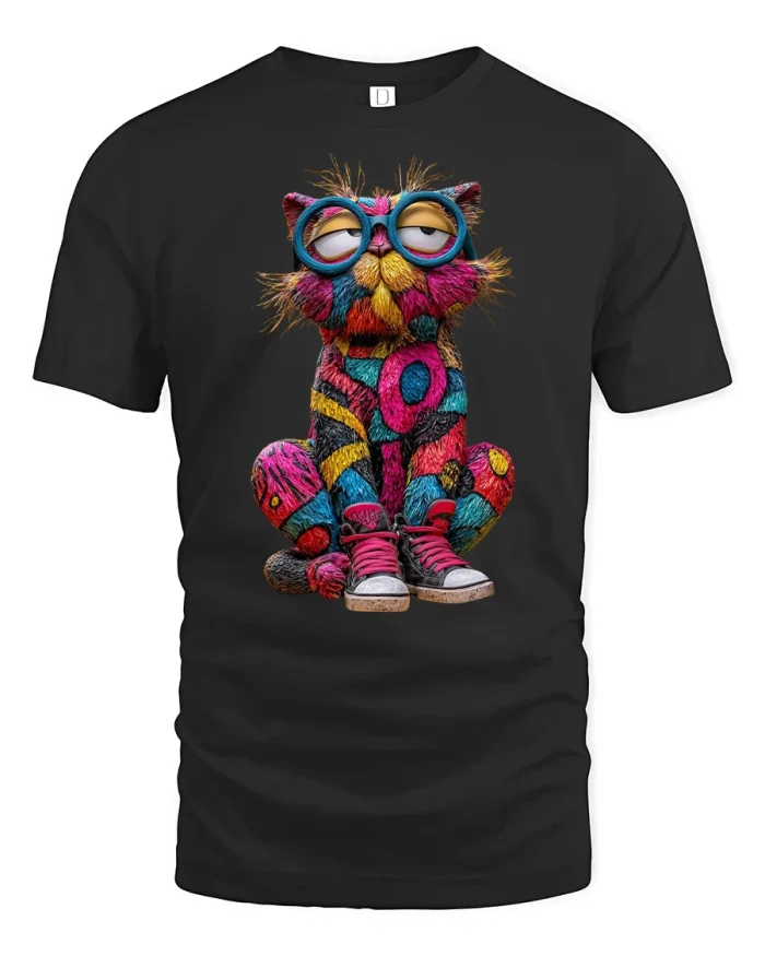 Funky Colorful Cat Wearing Glasses Cool Graphic Tshirt - black t-shirt on white background