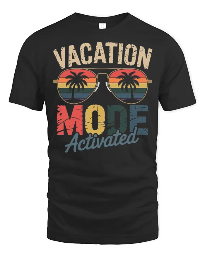Vintage Vacation Mode Activated Sunglasses Graphic Tshirt Tee - black t-shirt on white background