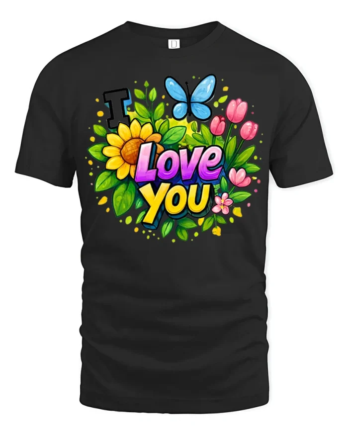 I Love You Floral Butterfly Graphic T-shirt Premium Tee - black t-shirt on white background