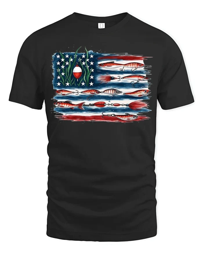 Patriotic American Flag Fishing Lure Graphic Tshirt Tee - black t-shirt on white background