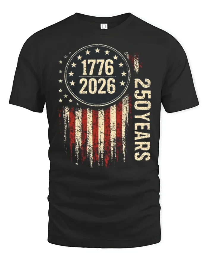 Vintage USA 1776 2026 250 Years Anniversary Graphic Tshirt Tee - black t-shirt on white background