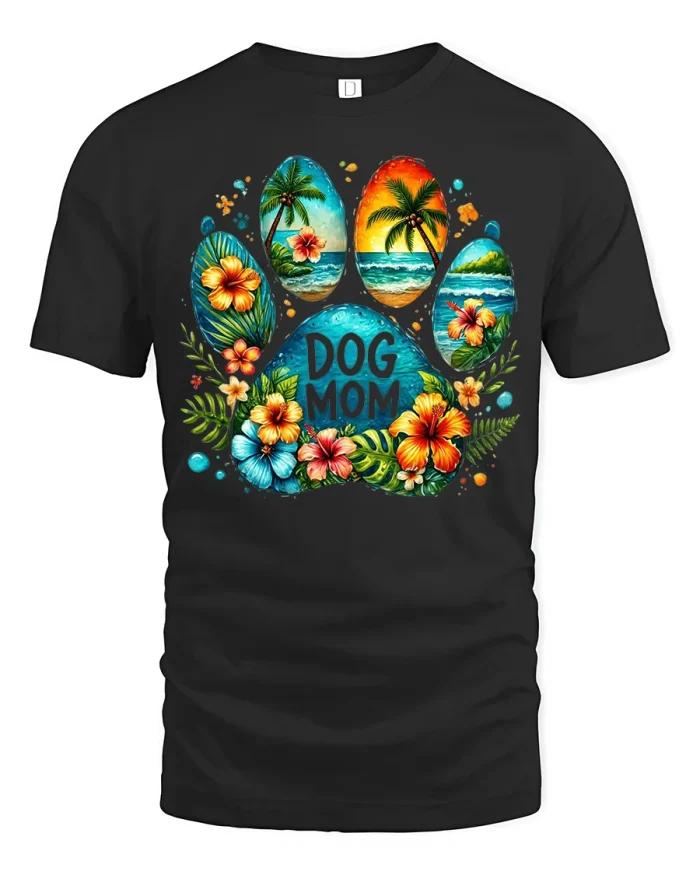 Dog Mom Tropical Beach Paw Print Graphic Tshirt Premium Tee - black t-shirt on white background