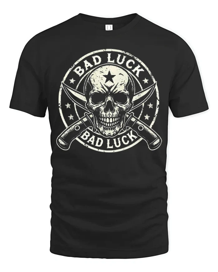 Vintage Bad Luck Skull With Daggers Graphic T-shirt Tee - black t-shirt on white background