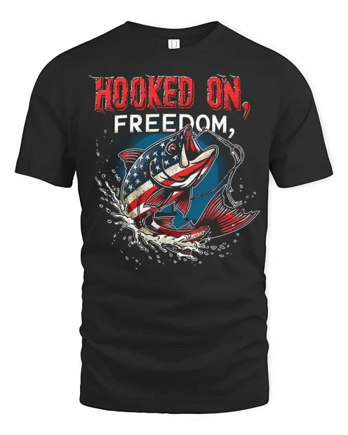 Hooked On Freedom American Flag Fish Graphic Tshirt Premium Tee - black t-shirt on white background