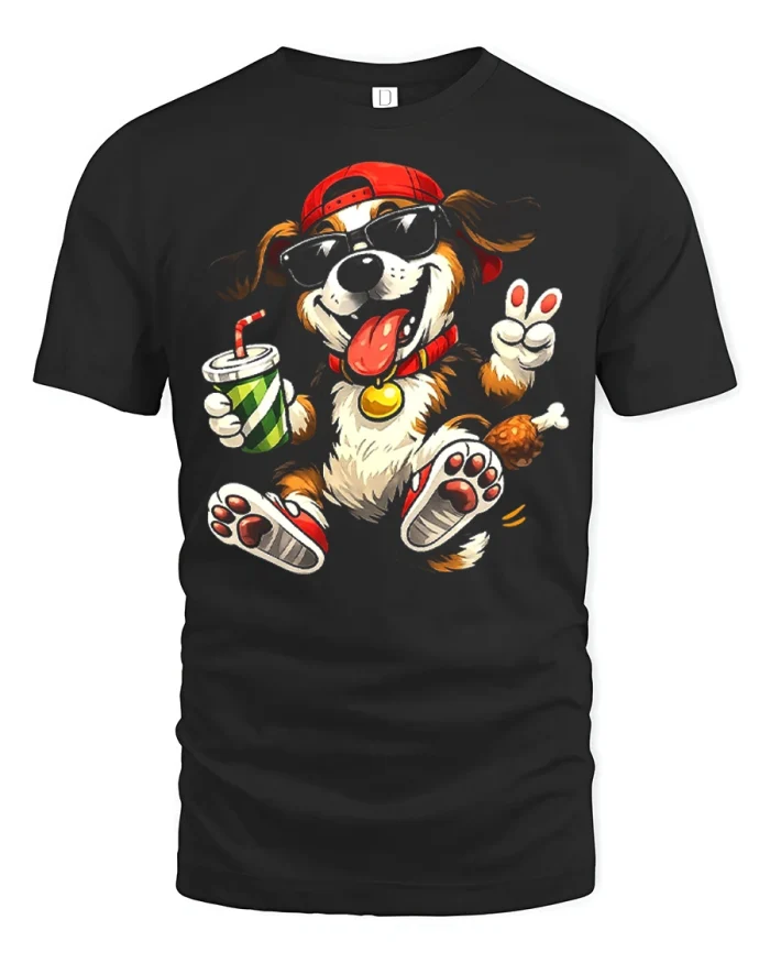Funny Cool Hipster Dog With Sunglasses Graphic Tshirt Tee - black t-shirt on white background