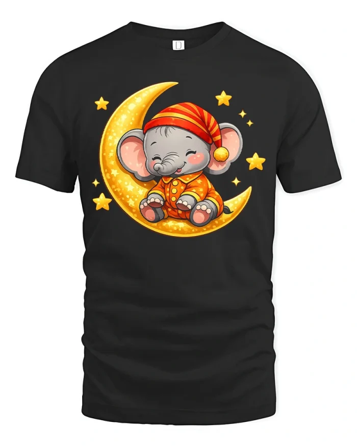 Cute Baby Elephant Sleeping On Moon Graphic Tshirt Premium Tee - black t-shirt on white background