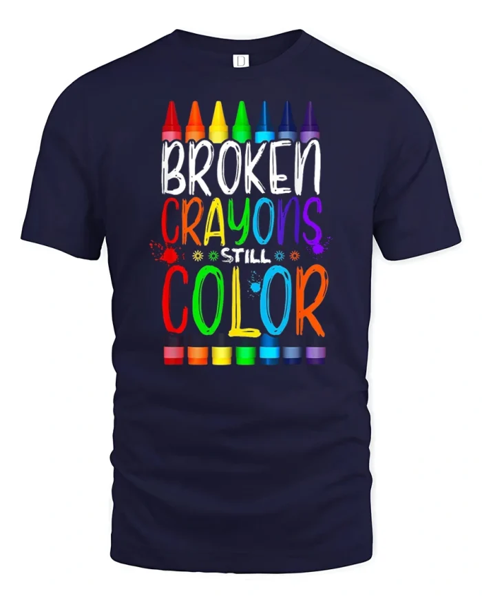 Broken Crayons Still Color Inspirational Graphic Tshirt Tee - navy t-shirt on white background