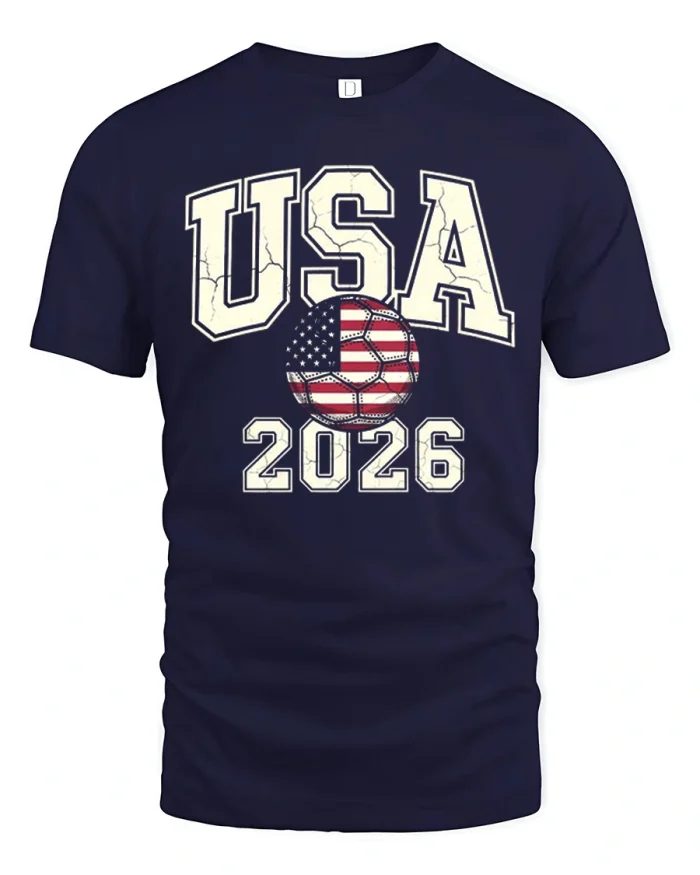 Vintage USA 2026 American Soccer Ball Graphic T-shirt Tee - navy t-shirt on white background