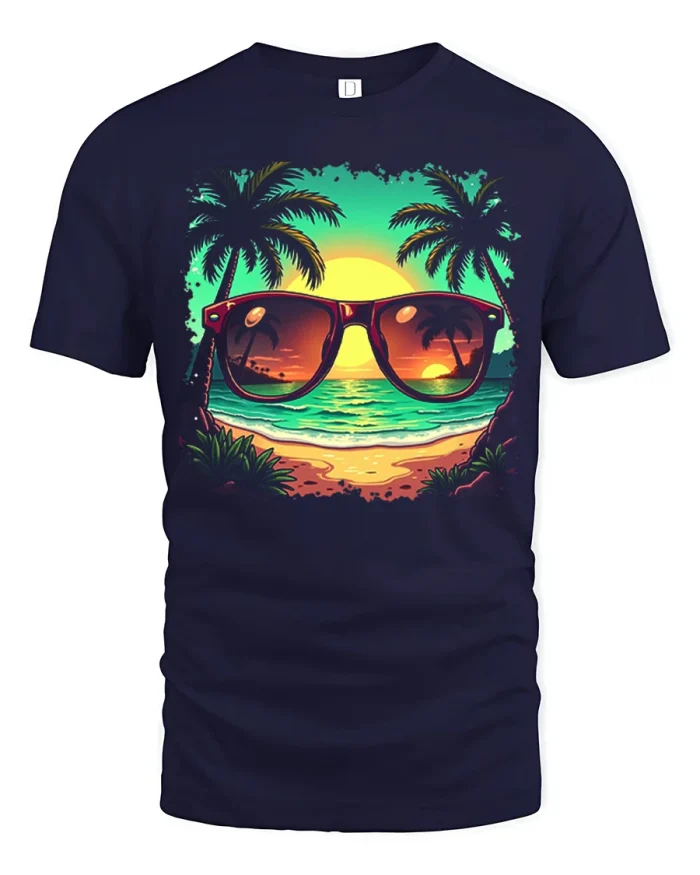 Vintage Tropical Beach Sunset Sunglasses Graphic Tshirt Tee - navy t-shirt on white background
