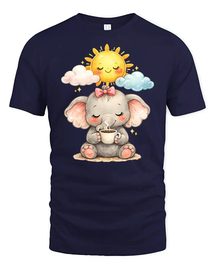 Cute Baby Elephant Drinking Morning Coffee Graphic Tshirt Tee - navy t-shirt on white background