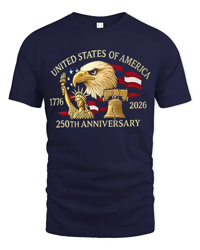 United States Of America 250th Anniversary Graphic T-shirt Tee - navy t-shirt on white background