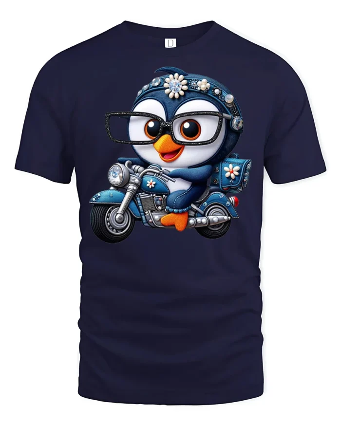 Cool Biker Penguin Riding Motorcycle Graphic Tshirt Premium Tee - navy t-shirt on white background