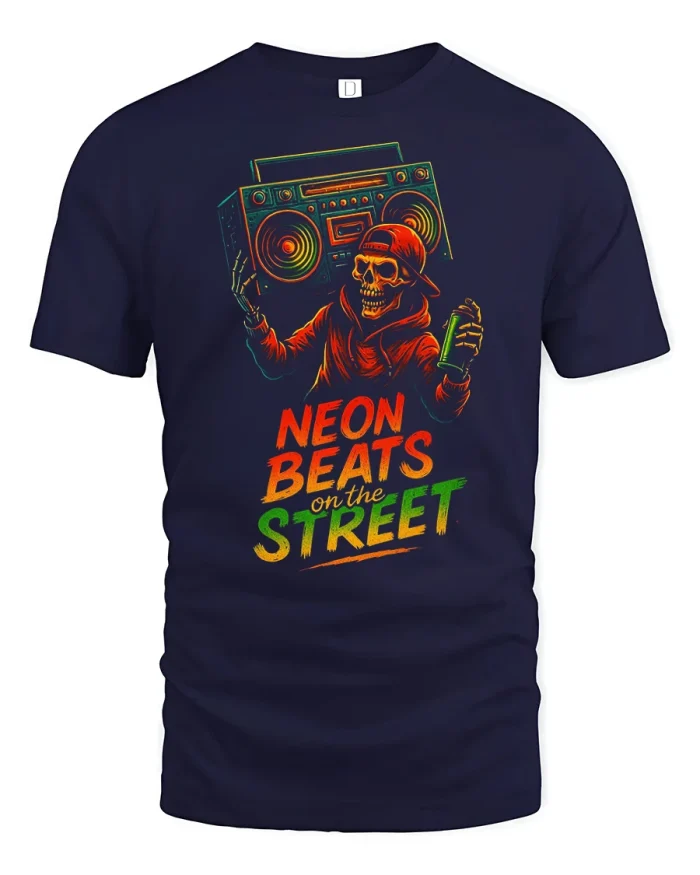 Neon Beats On The Street Skull Boombox Graphic Tshirt Tee - navy t-shirt on white background