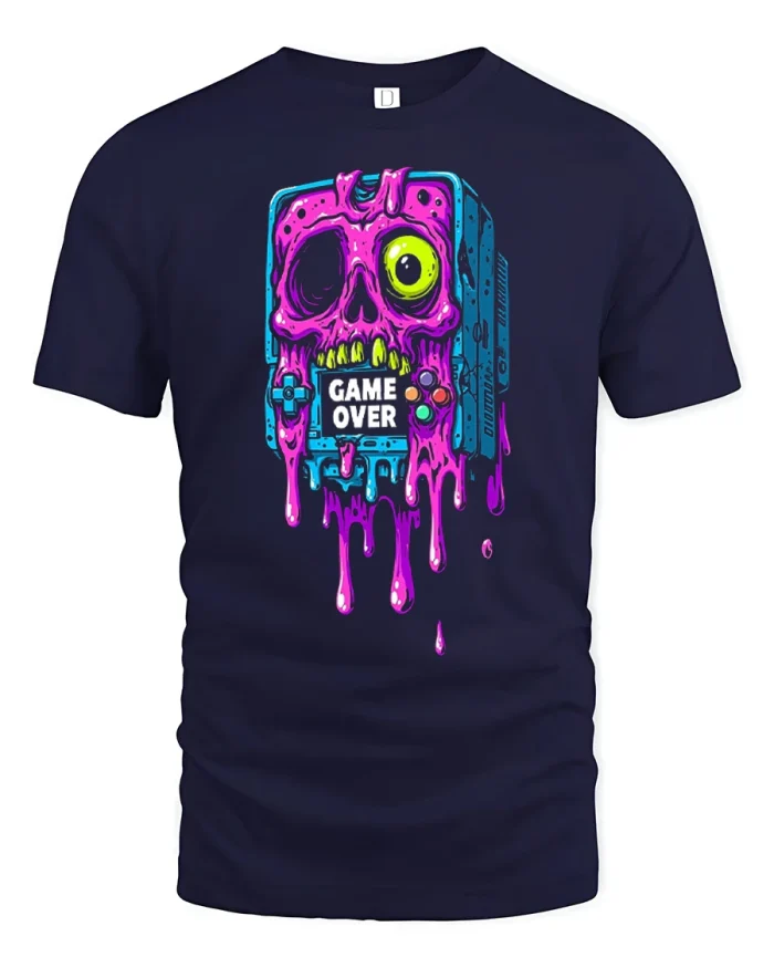 Game Over Melting Skull Gaming Console Graphic Tshirt Tee - navy t-shirt on white background