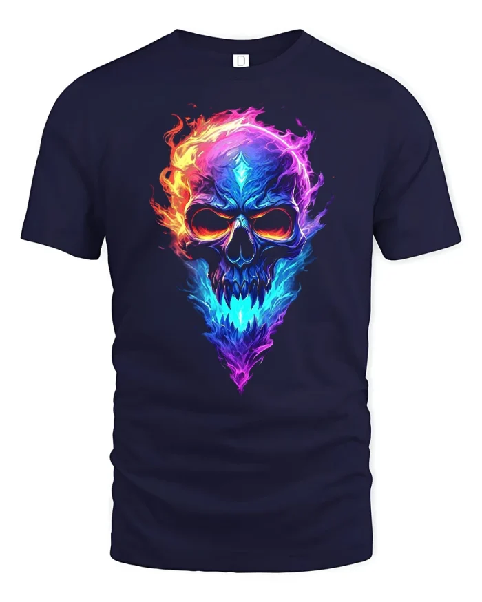 Fiery Neon Skull Graphic T-shirt Premium Soft Cotton Tee - navy t-shirt on white background