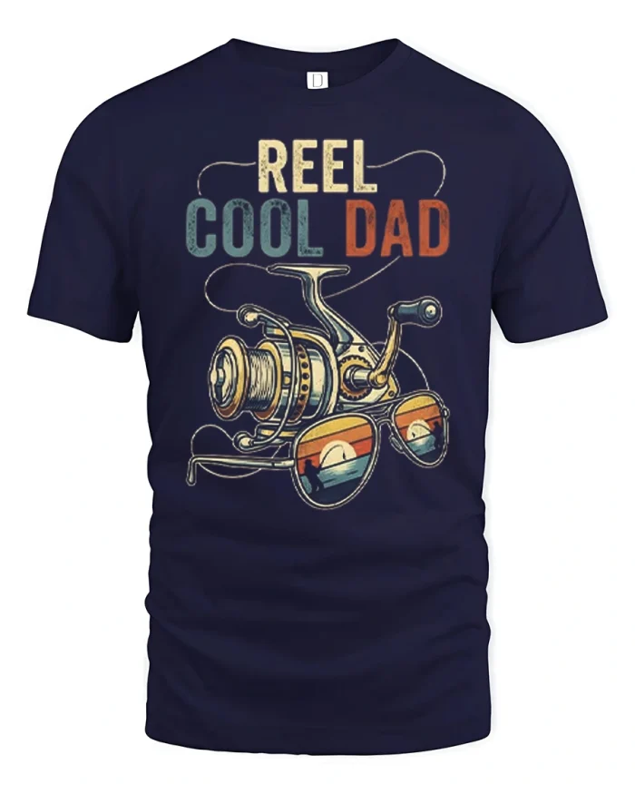 Reel Cool Dad Retro Fishing Graphic Tshirt Premium Tee - navy t-shirt on white background