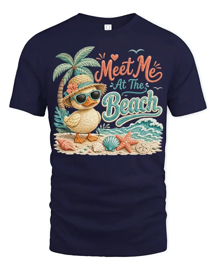 Meet Me At The Beach Cute Duck Graphic Tshirt Premium Tee - navy t-shirt on white background