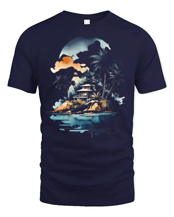 Serene Tropical Island Villa Graphic Tshirt Premium Soft Tee - navy t-shirt on white background