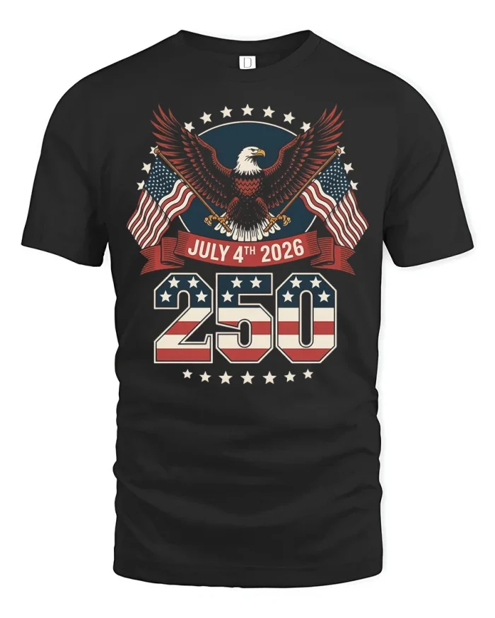 July 4th 2026 250 Year Anniversary Eagle Graphic Tshirt Tee - black t-shirt on white background