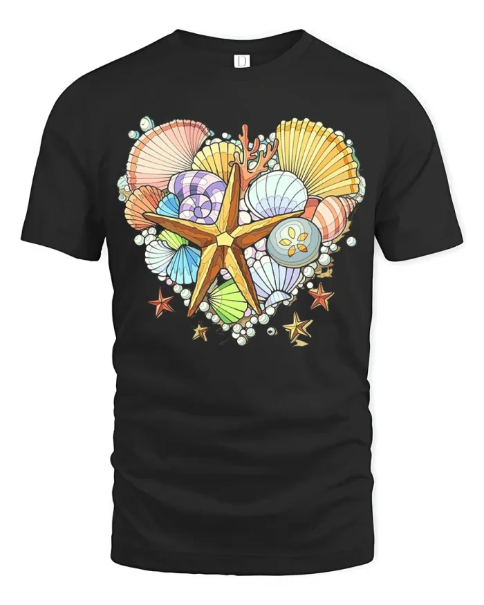 Beautiful Heart Seashell And Starfish Graphic Tshirt Premium Tee - black t-shirt on white background