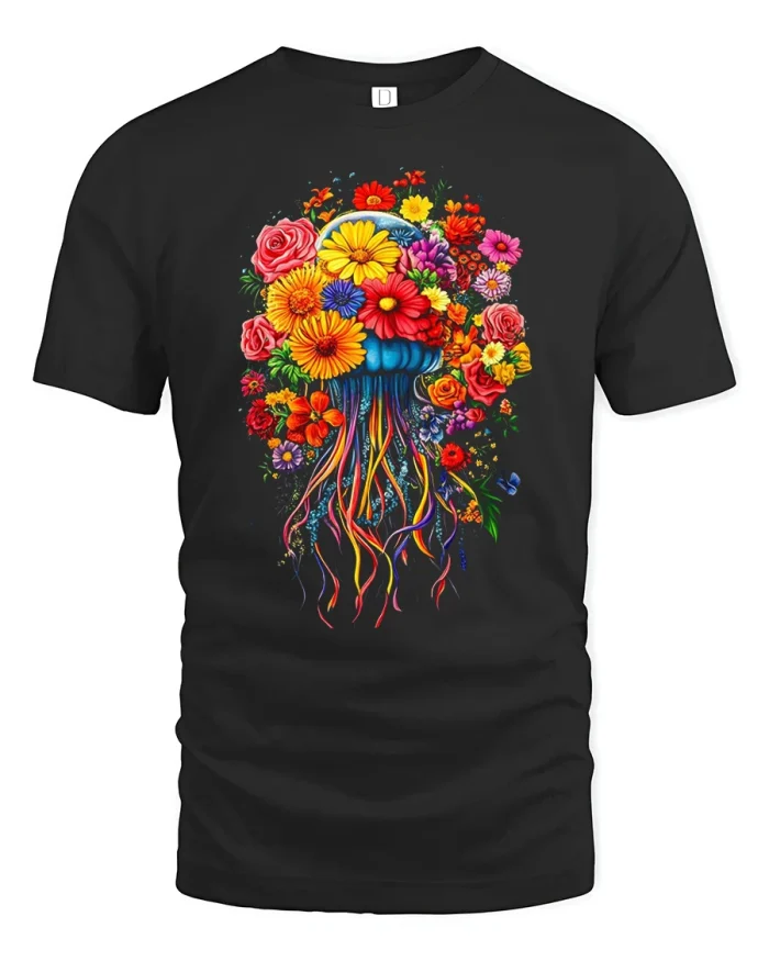 Vibrant Floral Jellyfish Graphic Tshirt Premium Soft Quality Tee - black t-shirt on white background