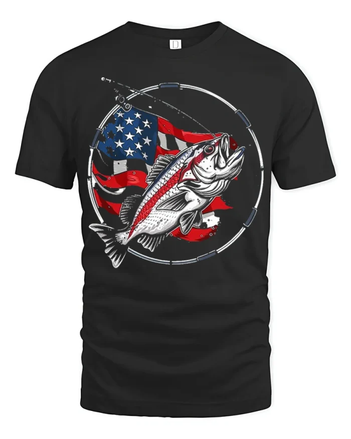 Patriotic Bass American Flag Fishing Graphic Tshirt Premium Tee - black t-shirt on white background