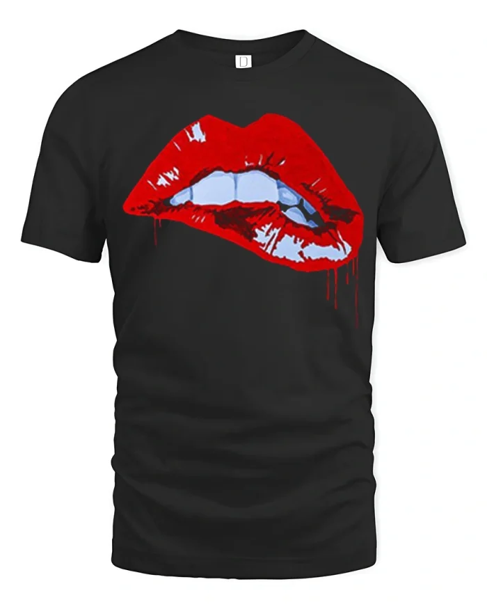 Edgy Biting Red Lips Graphic Tshirt Premium Soft Cotton Tee - black t-shirt on white background