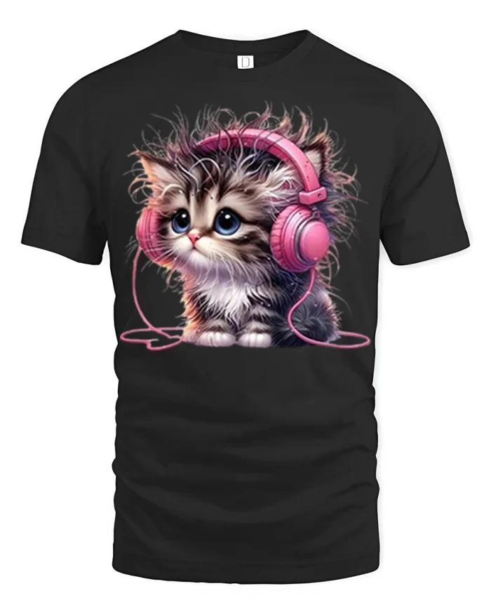 Cute Fluffy Kitten With Pink Headphones Graphic Tshirt Tee - black t-shirt on white background