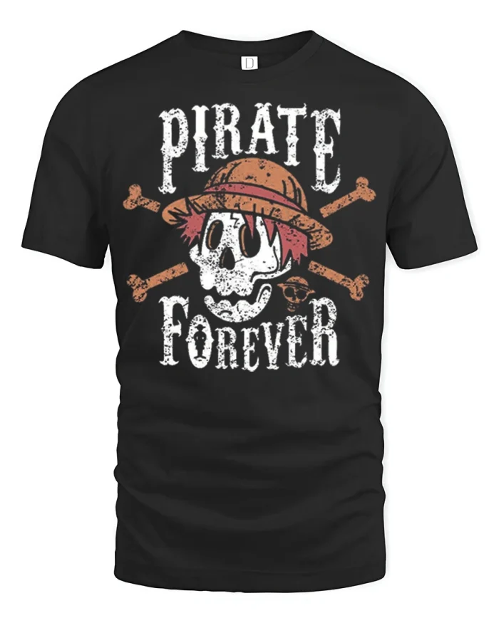 Vintage Pirate Forever Skull Graphic Tshirt Premium Quality Tee - black t-shirt on white background