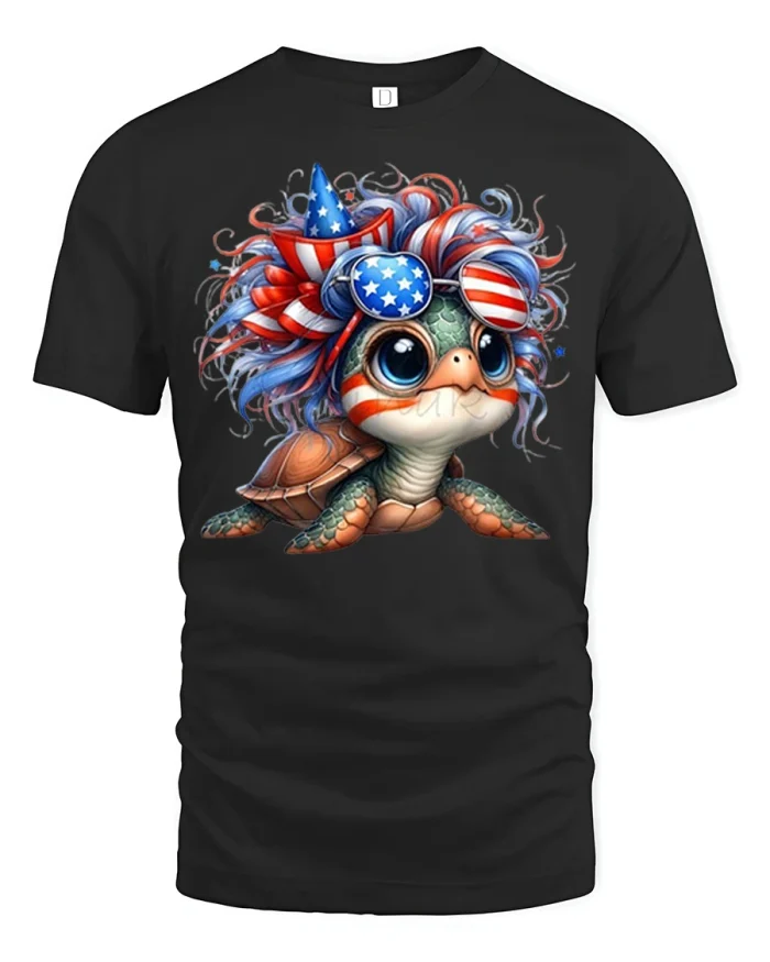 Patriotic Cute Turtle American Flag Graphic Tshirt Soft Tee - black t-shirt on white background