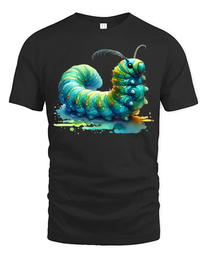 Colorful Watercolor Caterpillar Graphic Tshirt Premium Tee - black t-shirt on white background