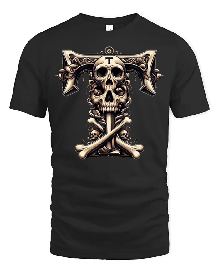 Vintage Gothic Letter T Skull Graphic Tshirt Premium Tee - black t-shirt on white background