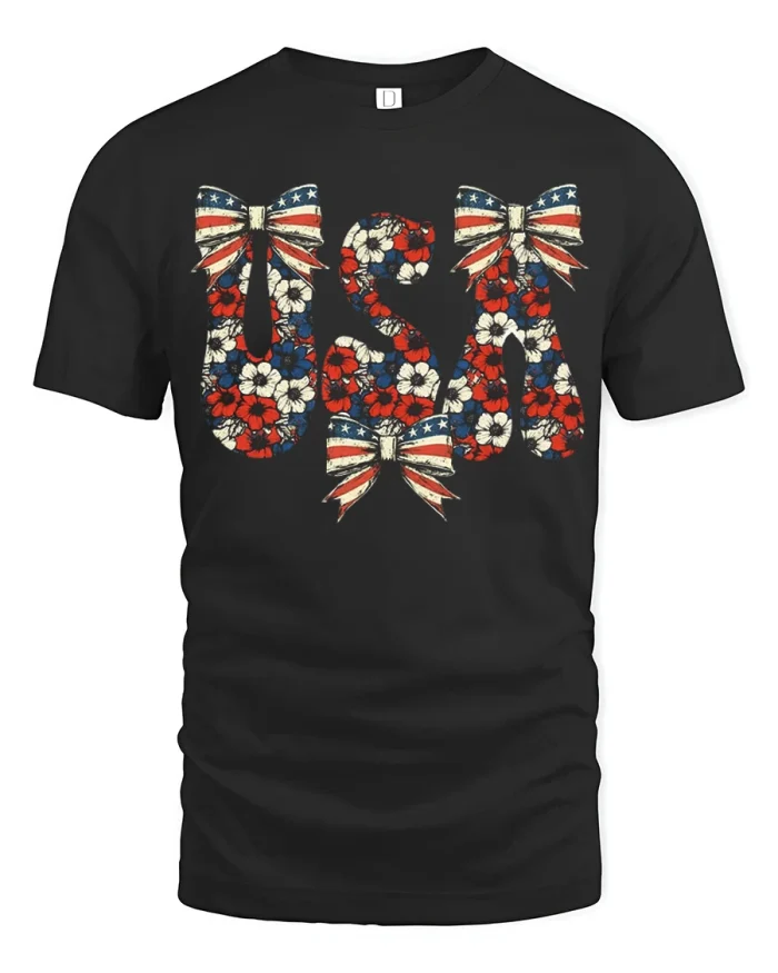 USA Patriotic Floral Bow Graphic Tshirt Premium Quality Tee - black t-shirt on white background