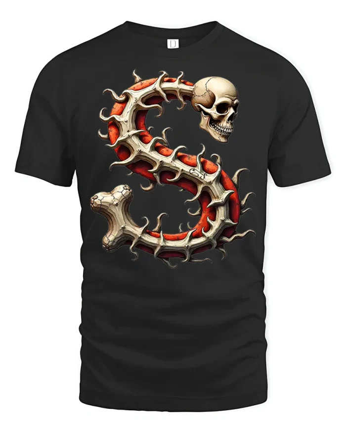 Vintage Gothic Letter S Skull Graphic Tshirt Premium Quality Tee - black t-shirt on white background