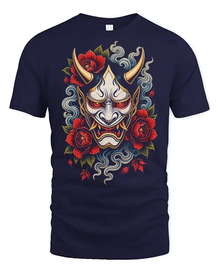 Japanese Hannya Mask And Rose Graphic Tshirt Premium Soft Tee - navy t-shirt on white background