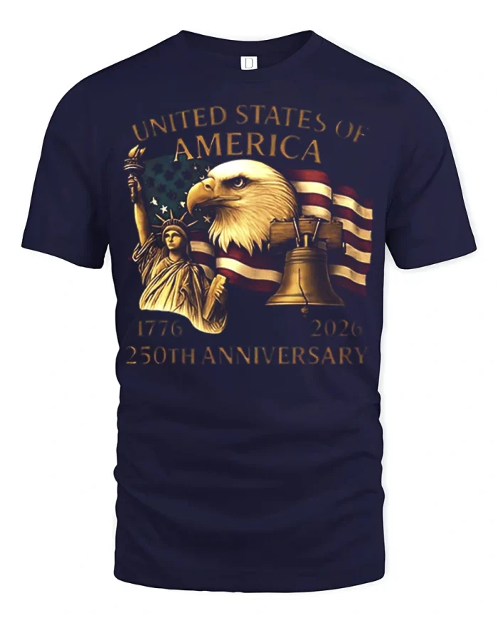 USA 250th Anniversary 1776 2026 Eagle Statue Graphic Tshirt Tee - navy t-shirt on white background