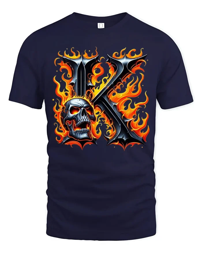 Vintage Gothic Letter K Skull Flame Graphic Tshirt Premium Tee - navy t-shirt on white background