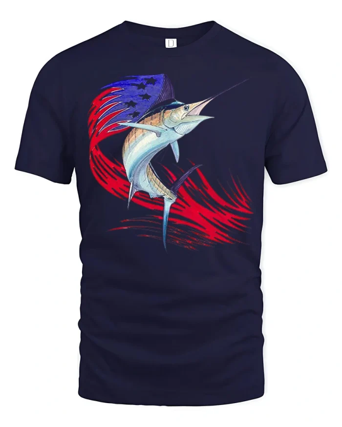 Patriotic Marlin American Flag Graphic Tshirt Premium Quality Tee - navy t-shirt on white background
