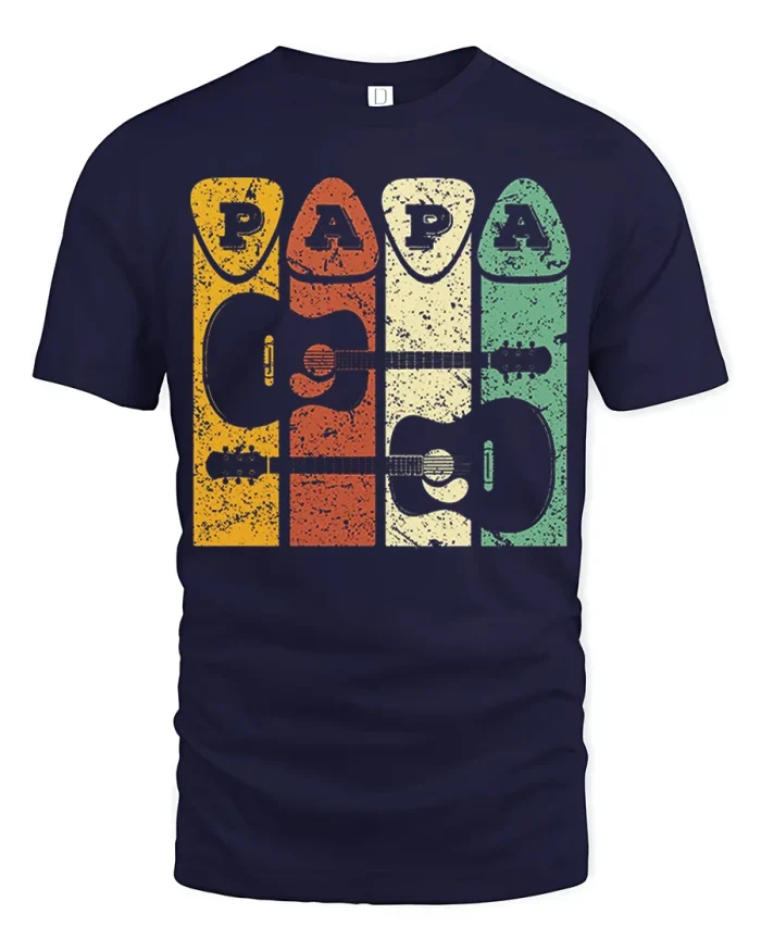 Vintage Papa Guitar Pick Graphic Tshirt Premium Quality Tee - navy t-shirt on white background
